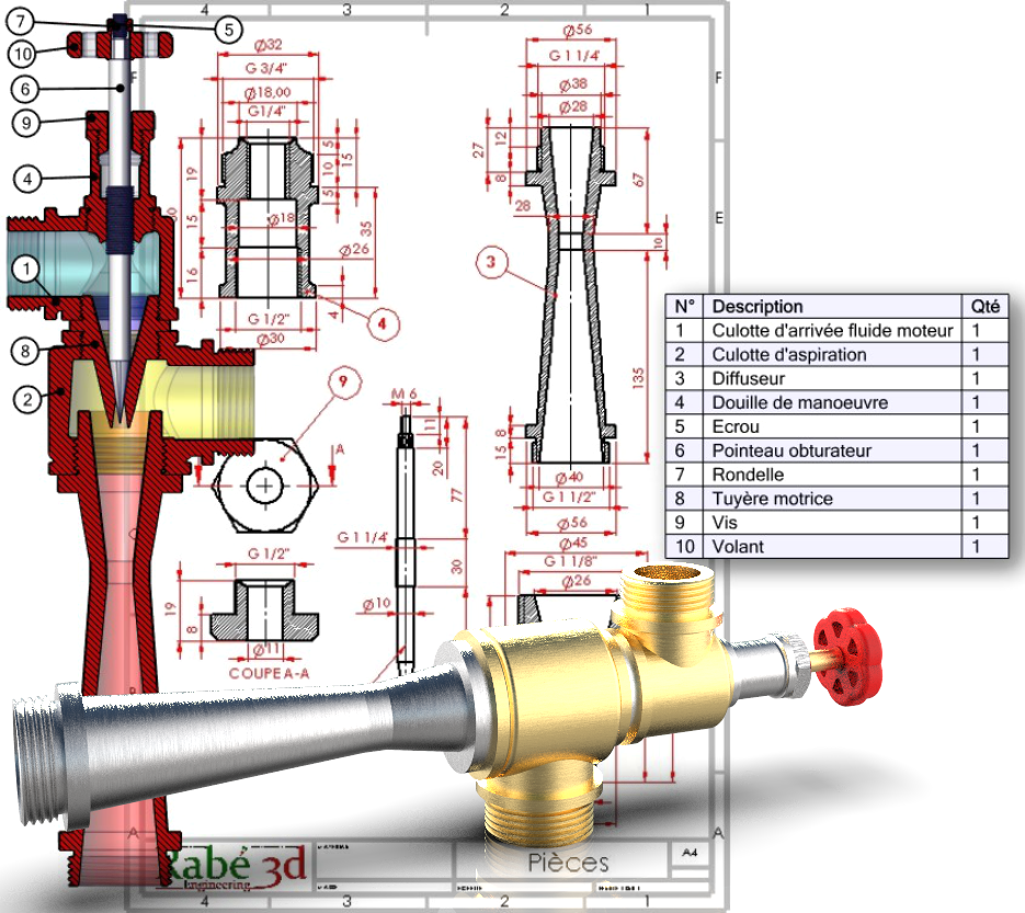 Dessin industriel 3d d'un éjecteur